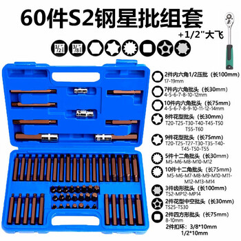 Shantou lincun 60-piece star batch tool set, splined twelve-point hexagonal bit set, 60-piece star batch (bronze s2) + 1/2 ratchet wrench
