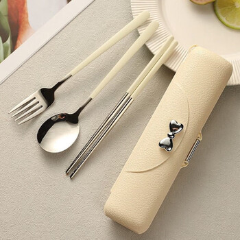 Miehone japanese high-end bow chopsticks and spoon set portable tableware high-looking girl office worker take-out storage box cream yellow - three-piece set chopsticks + spoon + storage box