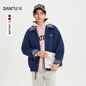 Sanfu 2026 spring men's velvet lined plaid lapel jacket fun suede work jacket 516575 navy 2xl
