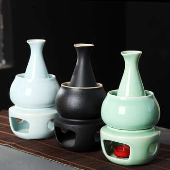 Yusen yi wine warmer retro hot boiled wine kettle yellow sake small wine cup home heated wine warmer wine divider liquor cup antique one wine pot and one wine glass (lubao black)