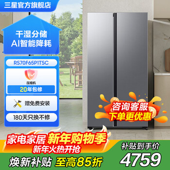 Samsung (samsung) ai refrigerator 5 series new double door refrigerator ai energy saving dry and wet separation storage level 1 energy efficiency 655l moonlight silver rs70f65p1tsc