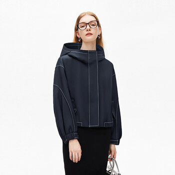 5+(fiveplus)five plus hooded double zipper drawstring casual topstitch jacket women's loose versatile top autumn navy s (within 110 jin)