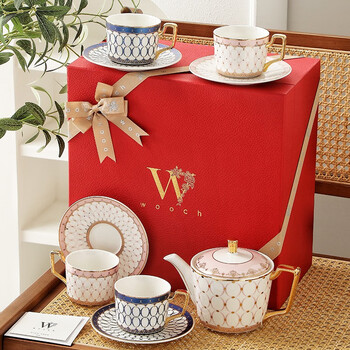 Wooch victoria afternoon tea set high-end luxury coffee cup and saucer gift box housewarming and wedding gift victoria 1 pot 4 cups and saucers - circle pink + red gift box