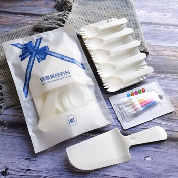 1+ birthday cake dinner plate knife and fork set hat candle five-in-one tableware disposable paper plate full box of 100 sets 5 plates white fork spoon+knife candle-100 set