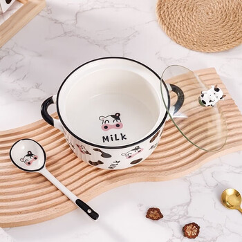 Tuojin large ceramic instant noodle bowl with lid, microwaveable, student dormitory tableware, milk 6-inch double-ear instant noodles, milk 6-inch instant noodle bowl + spoon, 2-piece set