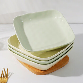 Tuojin cream style ceramic plate home dish plate simple round plate tableware dish set 8-inch double color square plate 4 pieces