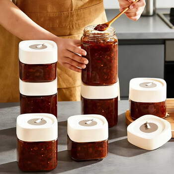 Home katei story japanese sealed jar beef sauce sealed jar food grade chili oil glass jar sesame sauce jar large diameter bottle white coffee color 500ml*1 can be timed