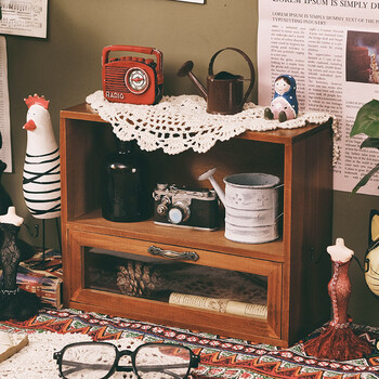 Fantasy wooden retro desktop office storage box cosmetics and perfume storage rack table locker desk desk solid wood color one grid and one draw