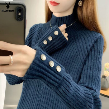 Playboy (playboy) knitwear 2026 autumn and winter new half turtleneck sweater bottoming shirt loose thickened design western style knitwear official flagship blue counter premium product l recommended 100-110 catties