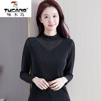 Woodpecker (tucano) 2025 spring and autumn new style bright silk mesh bottoming shirt for women with long-sleeved t-shirt, stylish shirt, thin top 6601 black v. shaped silver wire stand-up collar 2xl 115kg-135kg