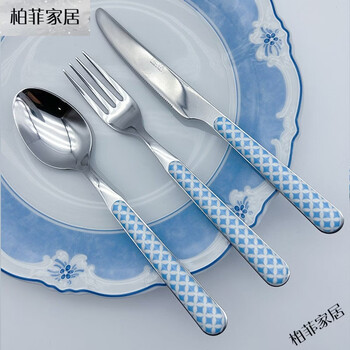 Kawasimaya italian neva original imported western tableware set 304 stainless steel household steak knife, fork and spoon complete set cross light blue dinner 3-piece set comes with box + storage bag