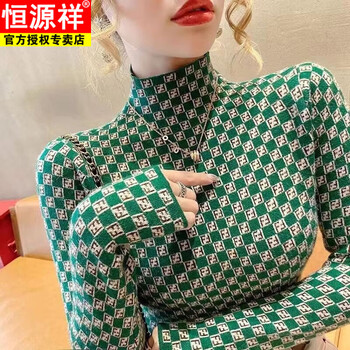 Hengyuan xiangde velvet half turtleneck bottoming shirt for women in autumn and winter new style printed pullover mid-collar slim warm t-shirt with inner top trendy green m recommended 100-115 catties