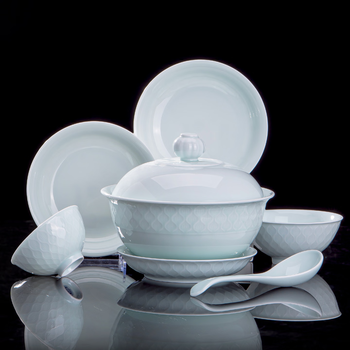 Yunzhihe bowls and plates jingdezhen original mine glaze kaolin high temperature celadon tableware embossed bowls complete set of household plates for gifting national color tianxiang 28 pieces food accessory pot for 4 people