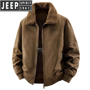 Jeep spirit jeep men's sherpa jacket autumn and winter 2025 new multi-pocket plus velvet warm cotton work jacket men's brown detachable fur collar 7958 m (recommended 105-120 catties)