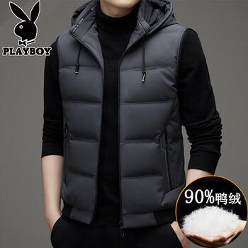 Playboy high-end hooded down vest for men 2025 new autumn and winter middle-aged and elderly 90 duck down jacket vest outer hooded 7815 gray xl 180 recommended 121-135 catties