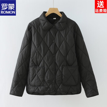 Romon 2026 cotton-padded coat, warm diamond-shaped lightweight spring and autumn cotton-padded jacket with lapel, women's winter velvet thickened middle-aged mother's coat, black lapel, 2xl within 105 catties