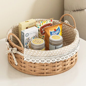 Fantasy woven storage basket snack storage box coffee table storage basket desktop organization box miscellaneous storage box entrance woven basket oval dark brown two-piece set large + small polka dot style
