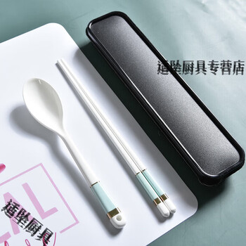 Tuojin chopsticks and spoon set ceramic high-looking students and office workers cute ins internet celebrity portable tableware three-piece set portable portable ceramic chopsticks and spoon new west lake blue