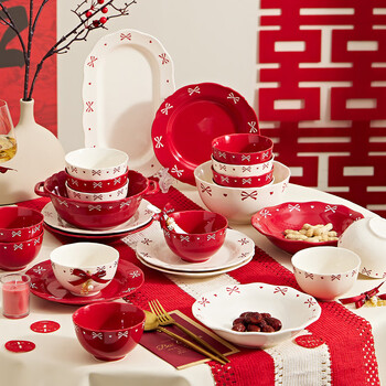 Qianye wedding gift, wedding tableware, housewarming gift, tableware gift box for newlyweds, high-end practical tableware set gift box, food for 2 people, 8-piece set, two-color, newlywed haute couture brocade box