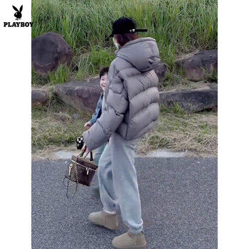 Playboy (playboy) cloud puff gray short down jacket women 2026 winter new hooded white duck down thickened bread jacket official flagship gray s 80-100 jin