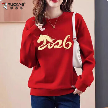 Woodpecker (tucano) red round neck sweater women's 2026 year of the horse animal year clothes autumn and winter top double-sided german velvet thickened warm jacket red-2026 year of the horse m recommended 80-100 catties