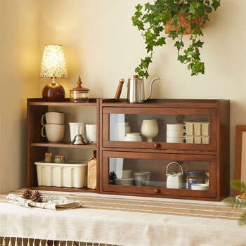 Yusenyi cup storage rack desktop storage box teacup tea set kitchenware water cup dustproof storage cabinet 60 double layers + walnut color