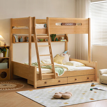 Lin's home furnishing log style sister bed children's bed double bed bunk bed high and low bed upper kn2a log color bed + drawer + mattress + bookshelf 1500mm*1900mm