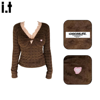Chocoolate it women's pure desire high-end long-sleeved t-shirt 2026 spring new versatile lace v-neck fake two-piece top coffee color s