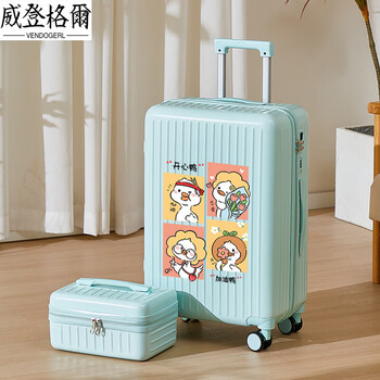 Vendogerl suitcase for girls with good looks 2025 new 20-inch small trolley case with personalized password travel leather case with large capacity zipper chain_manye green_come on duck_small box without lock 20-inch usb dual charge + mobile phone holder + water cup holder