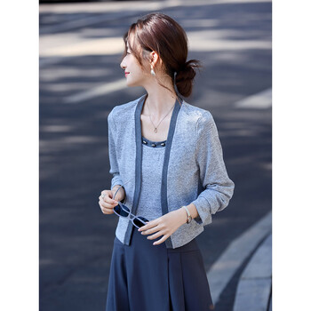 Shangjing temperament casual fashion top 2026 spring new artistic style cardigan jacket for small people to wear simple and slim moon rock gray m
