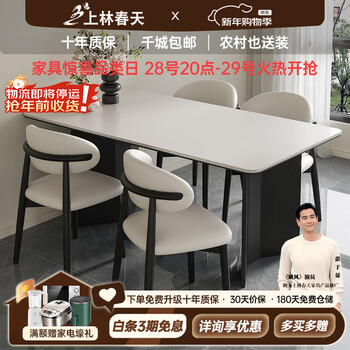 Shanglin spring slate dining table modern light luxury rectangular dining table and chair combination home dining table antique style restaurant furniture black frame/matte pure white slate/horn chair 1.4m one table and four chairs