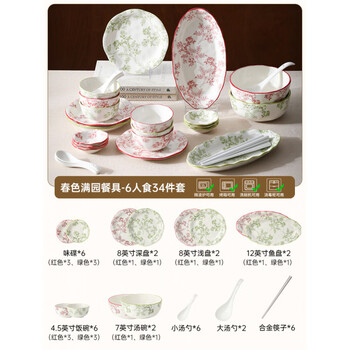Tuojin jingdezhen quality house-warming tableware set, bowl and dish set, household soup bowl, noodle bowl, plate, chopsticks, bowl and plate, spring garden tableware, 6-person meal, 34-piece set