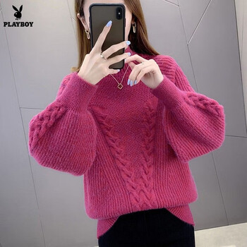 Playboy (playboy) thickened half turtleneck sweater women's autumn and winter new lantern sleeve women's knitted bottoming shirt korean style loose and versatile twist official flagship rose red s recommended 80-90 catties