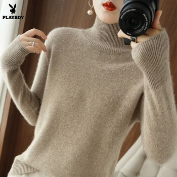 Playboy (playboy) autumn and winter turtleneck bottoming shirt for women with pullover sweater, loose and versatile knitted sweater, long-sleeved slimming stand-up collar top, official flagship elegant camel s