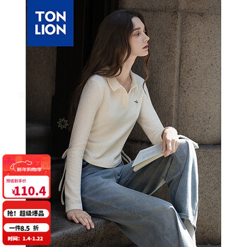 Tonlion 2025 autumn and winter women's polo collar solid color front chest small details texture knitted bottoming shirt milky white m