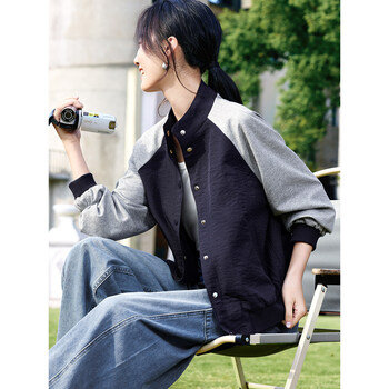 Xwi xinwei contrast color splicing raglan sleeve casual stand collar jacket women's spring elegant versatile baseball jacket top navy blue and gray s one size