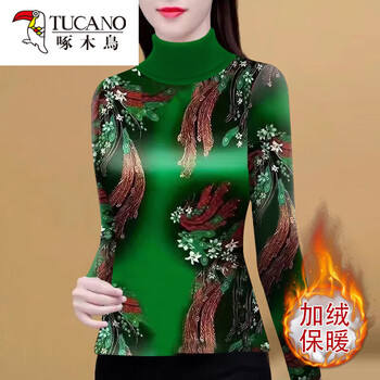 Woodpecker (tucano) turtleneck bottoming shirt for women with velvet and thickening for middle-aged and elderly people in winter new style western-style printed slim-fitting inner warm top for women 8512 green phoenix warm velvet 2xl recommended 120-135 catties