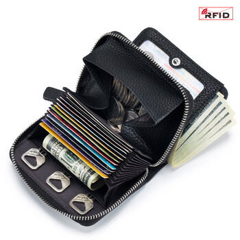 New multifunctional short wallet for women japanese style first layer cowhide accordion card holder rfid large capacity black