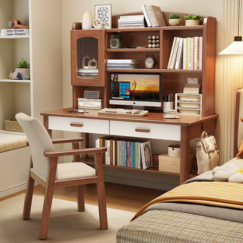 Yusenyi solid wood desk bookshelf simple all-in-one table simple home bedroom junior high school student computer desk study bookcase walnut color single table-back chair 120x60x155cm