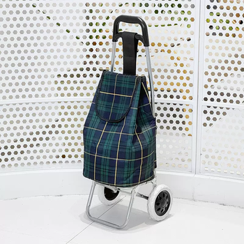 Yusenyi ultra-light canvas folding supermarket portable bag trolley elderly shopping trolley bag for grocery shopping household trolley small straight bar - 30l dyed woven bag dark green grid small straight bar - 30l dyed woven bag dark green grid