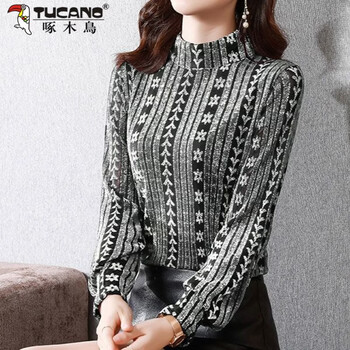 Woodpecker thickened velvet long-sleeved t-shirt for women, autumn and winter 2025 new style half turtleneck style shirt with bottoming top, silver, regular xl, recommended 110-120 pounds