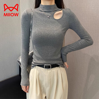 Miiow soft waxy half turtleneck bottoming shirt for women 2025 new spring and autumn inner long sleeve small stand collar knitted black slim fit top dark gray half turtleneck hollow thread l suitable for 103-114 pounds