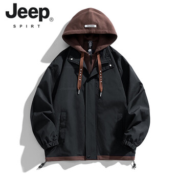 Jeep spirit jacket men's 2026 spring and autumn new fake two-piece loose japanese jacket large size hooded windbreaker men black m