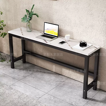 Yusenyi customized desk computer desk long study rectangular wall-mounted height table training table bedside desk table strip imitation white marble pattern-black frame side pull 100x40x74cm