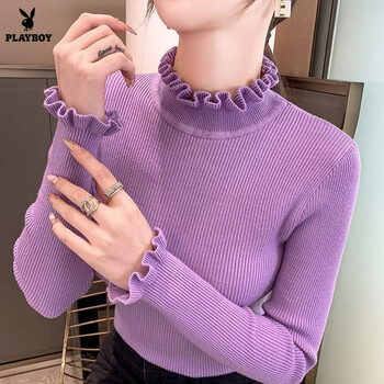 Playboy (playboy) half turtleneck bottoming shirt for women autumn and winter 2026 new ruffled sweater long-sleeved slim inner mid-collar sweater official flagship light purple l