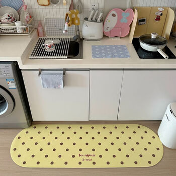 Fantasy yellow polka-dot kitchen floor mat, water-absorbent and oil-absorbent foot mat, no-wash, stain-resistant corner foot mat, long polka-dot 45 180cm, water-absorbent, quick-drying, stable and non-slip