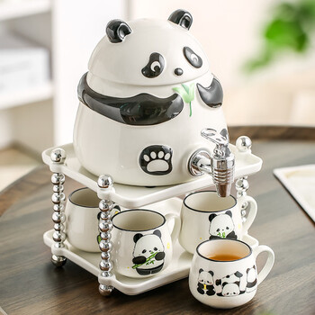 Yusenyi cold kettle with faucet panda cute water cup set large capacity high temperature resistant cola bucket household cold kettle 3.5l panda bucket + ceramic shelf (including 4 cups) 3.5l