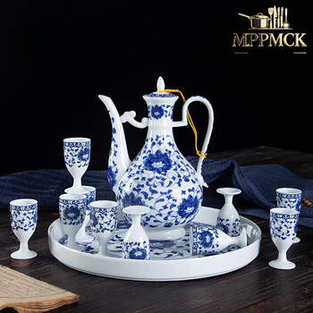 Tuojin white wine cup set, household blue and white porcelain, jingdezhen, chinese old-fashioned ceramic wine set, high jug, fuguilian wine set (fuguilian wine set (with tray)