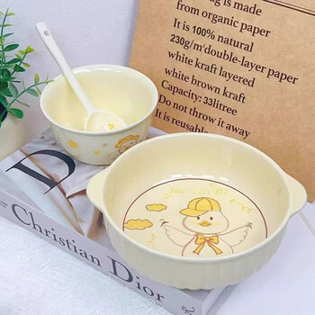 Tuojin cute double-eared soup bowl household ceramic instant noodles large bowl yogurt personal dormitory tableware for one person for students koda duck 3-piece set