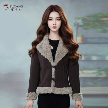 Woodpecker design retro fashion fur collar coat for women 2025 winter new style women's slim and warm short coat